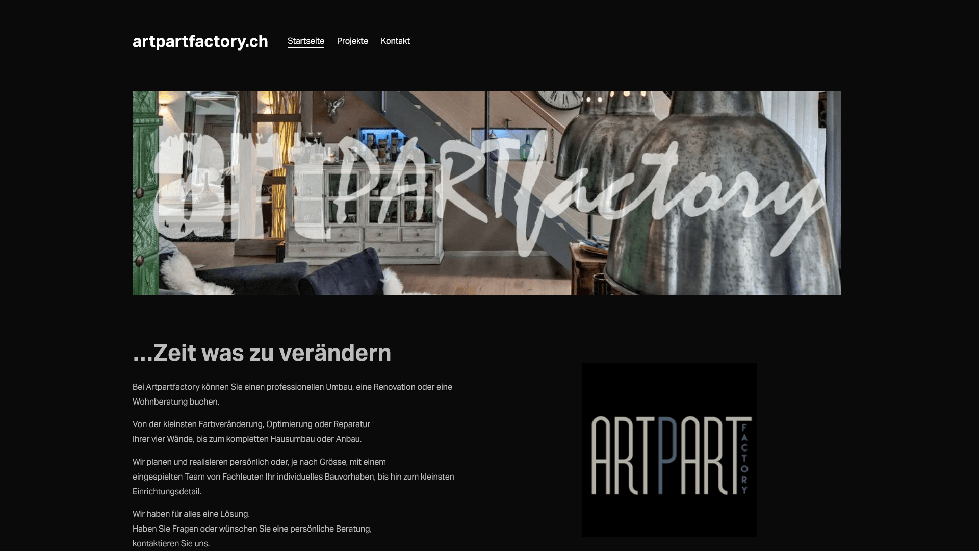 Screenshot der Website artpartfactory.ch
